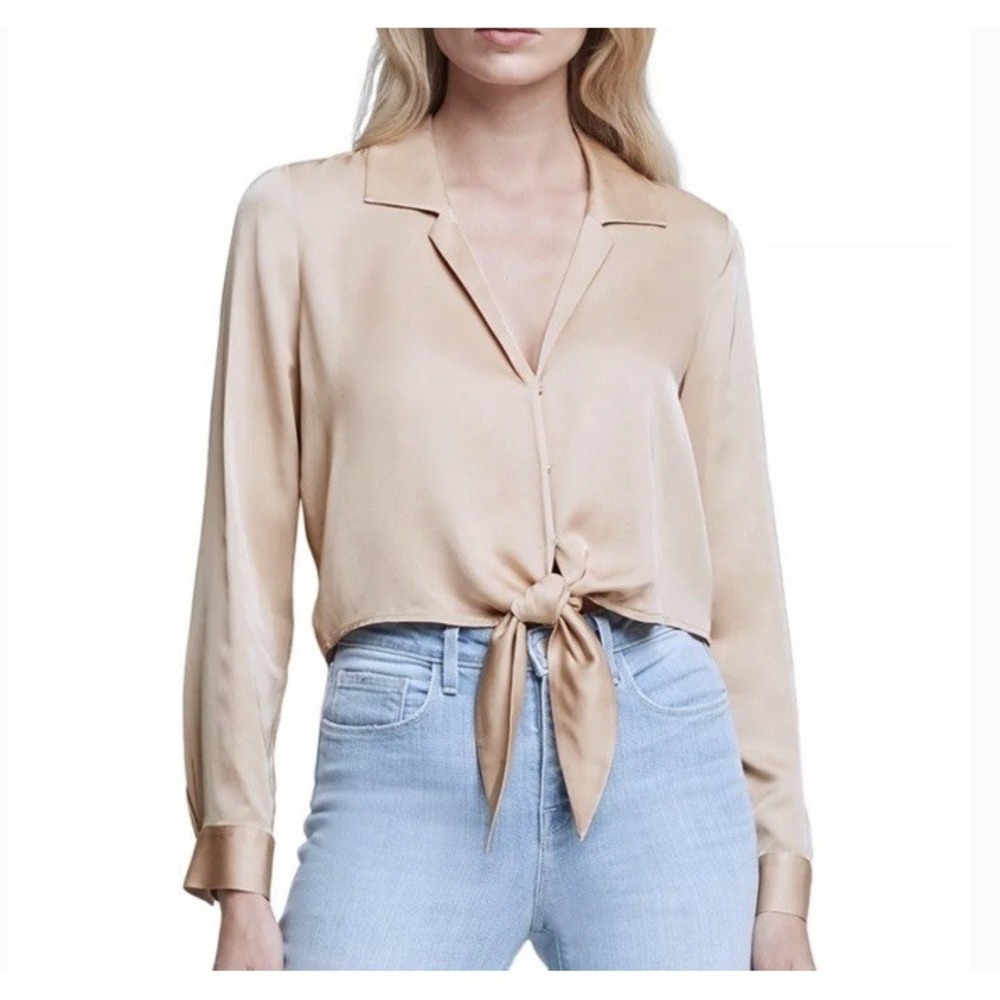 L' AGENCE Annie Tie Front Shirt Champagne Satin Small Cocktail Evening Career